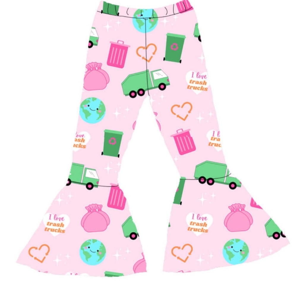 Adorable toddler girl trash Truck Bell bottom Flare Pants.